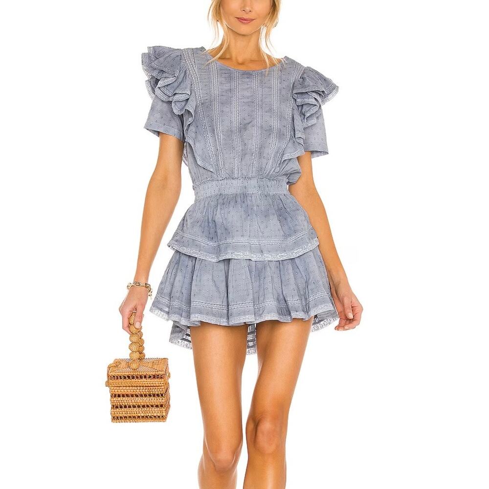 LoveShackFancy Natasha Mini Dress Washed Denim Blue Ruffle Sz Large - Picture 1 of 15